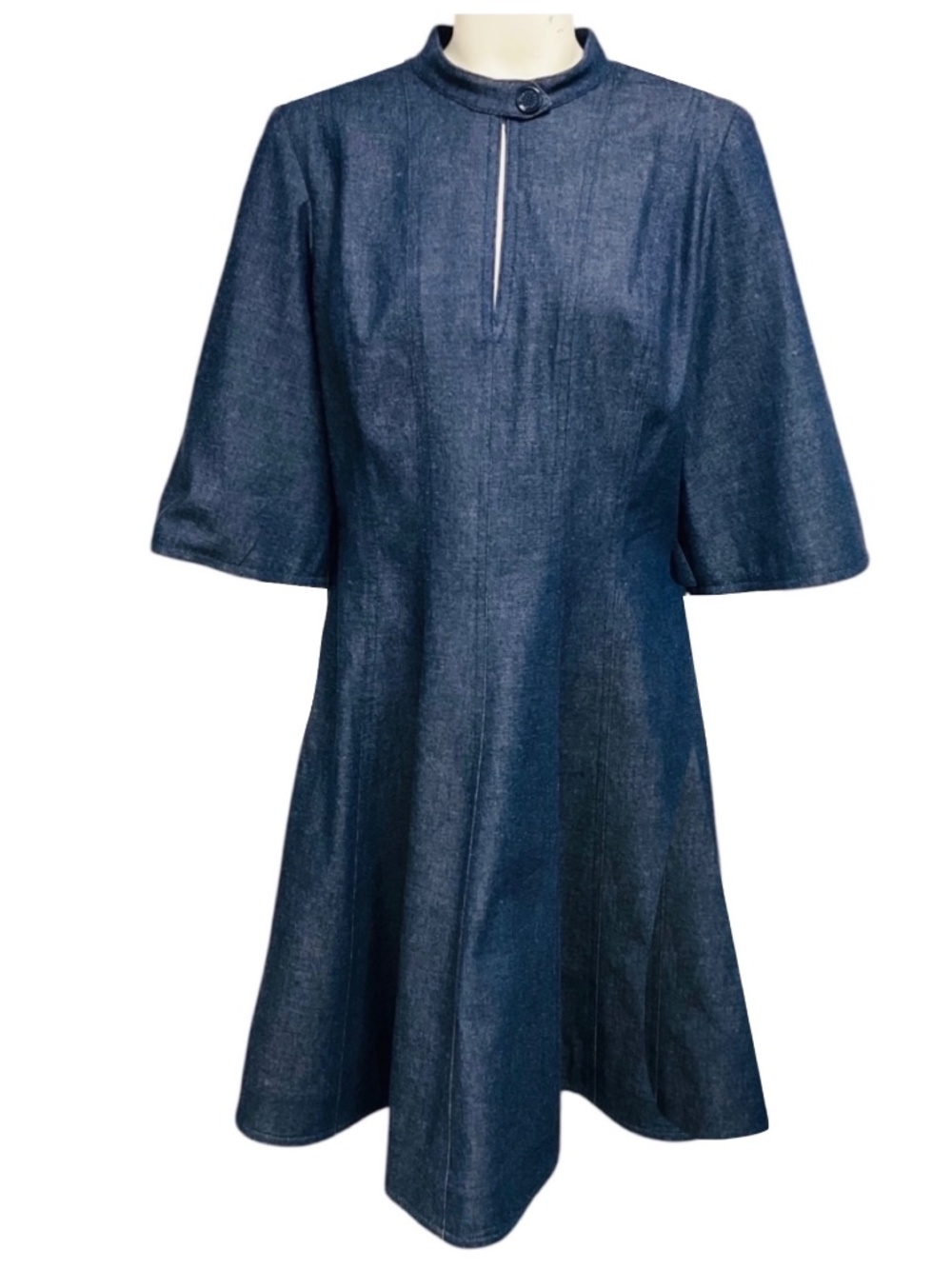 OSCAR DE LA RENTA MEDIUM BLUE WASH SHORT SLEEVED DENIM CHAMBRAY FLARED DRESS